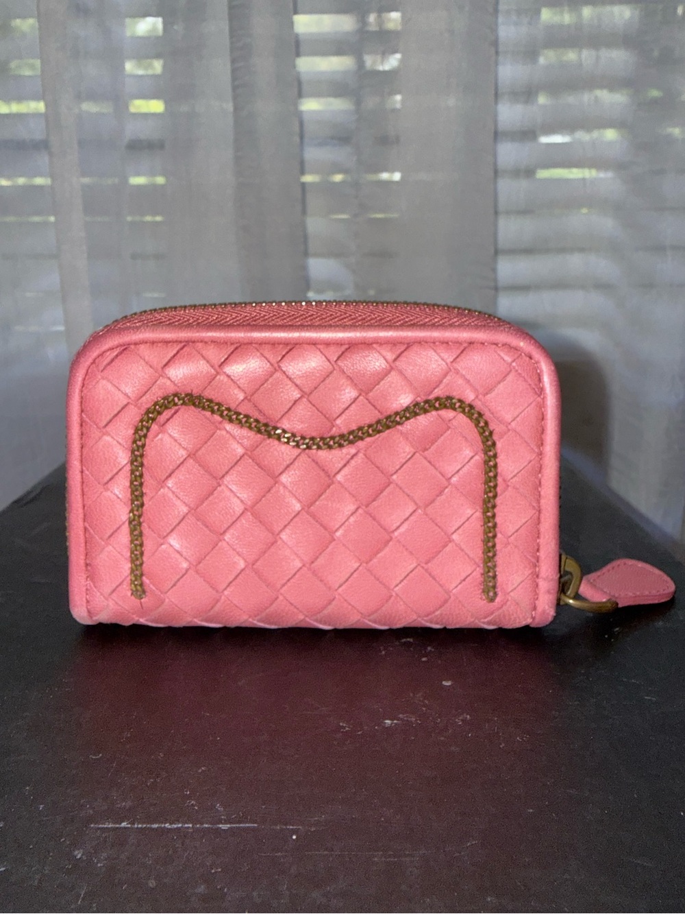 Bottega Veneta Pink Woven Leather Zip Wallet - Compact Card Holder
